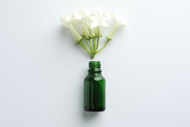 Photo of Bottle of essential oil and jasmine flowers on white background, flat lay