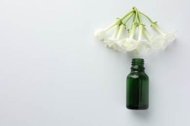 Photo of Bottle of essential oil and jasmine flowers on white background, flat lay. Space for text