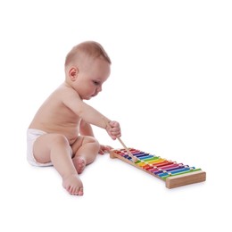 Photo of Cute little baby playing with xylophone on white background