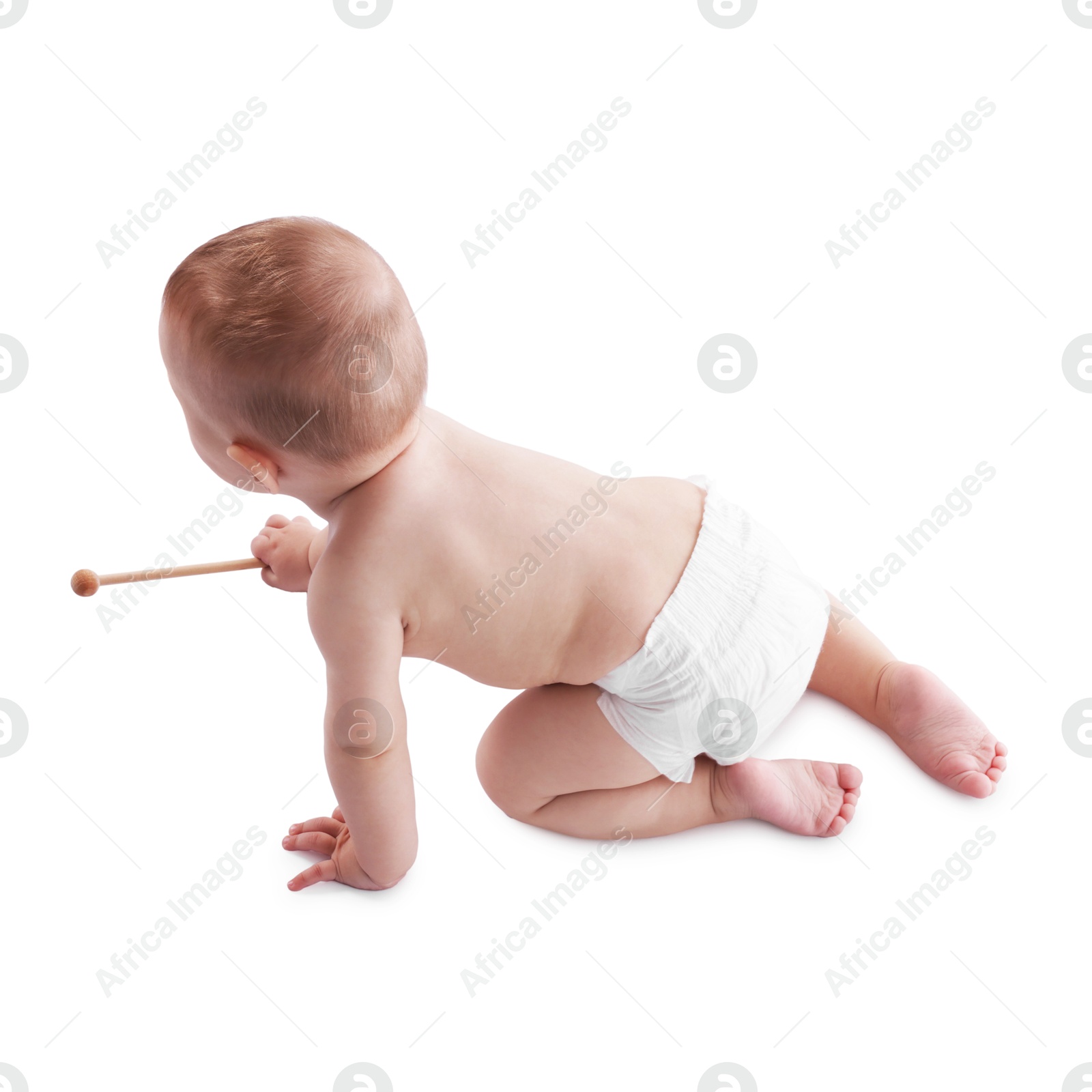 Cute little baby crawling on white background, above view Photo of Cute little baby crawling on white background, above view