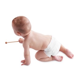 Photo of Cute little baby crawling on white background, above view