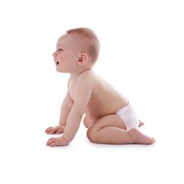 Photo of Cute little baby crawling on white background