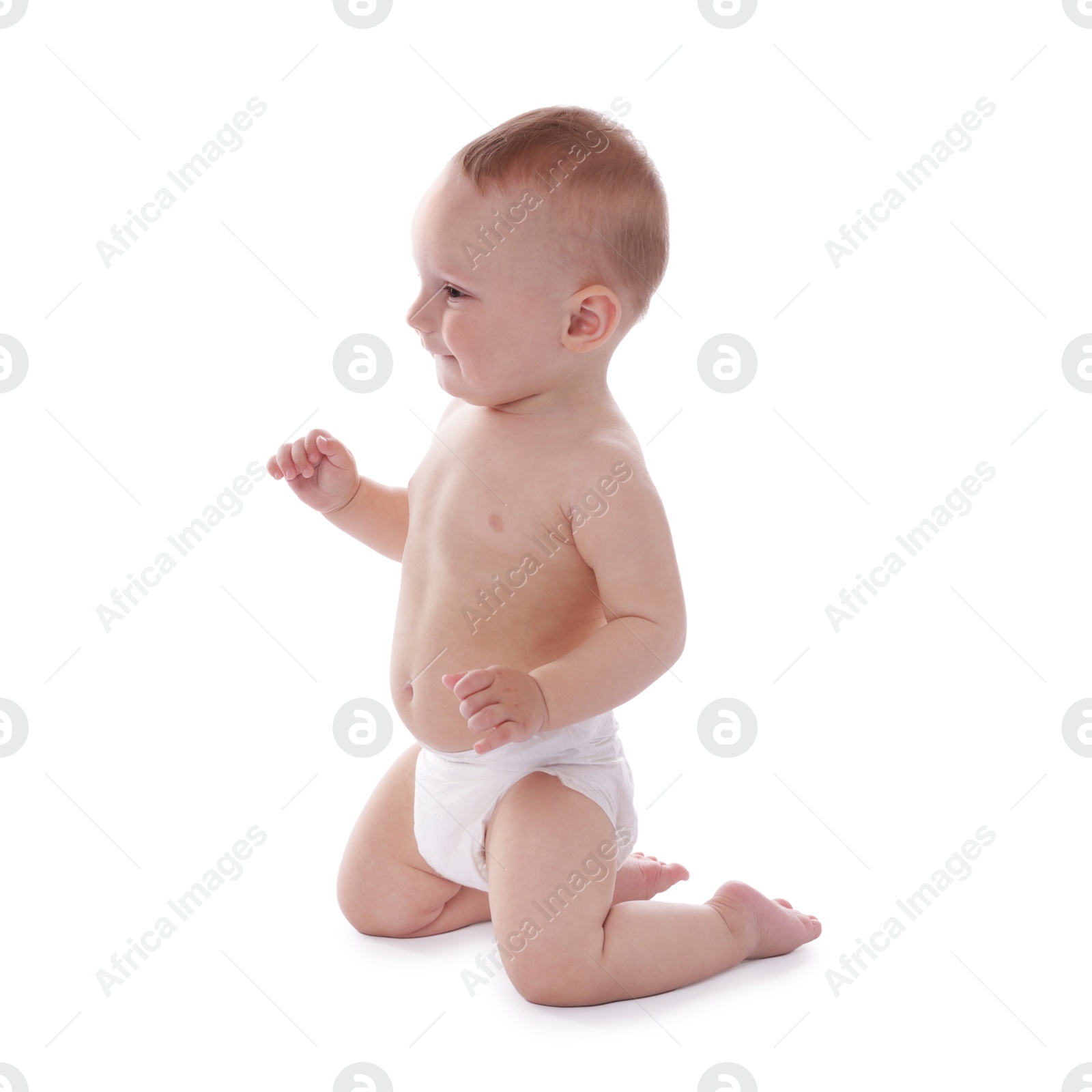 Cute little baby in diaper on white background Photo of Cute little baby in diaper on white background