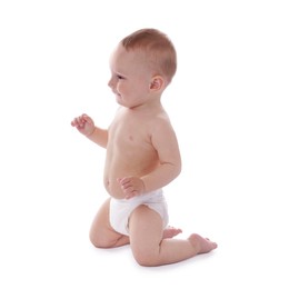 Photo of Cute little baby in diaper on white background
