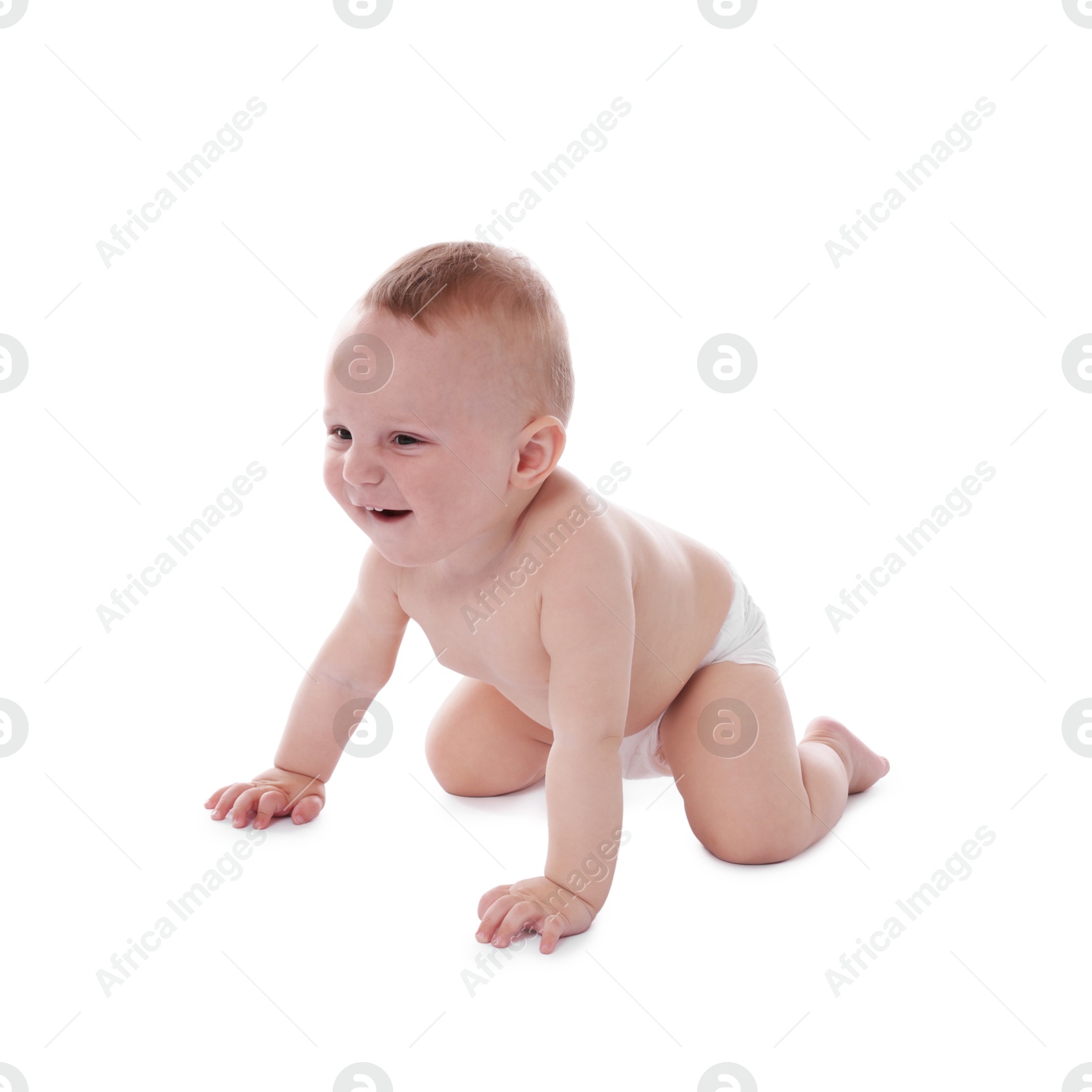 Cute little baby crawling on white background Photo of Cute little baby crawling on white background