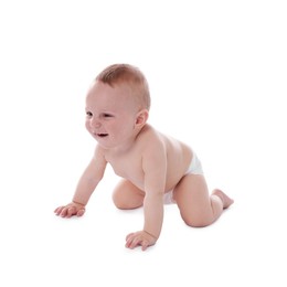 Photo of Cute little baby crawling on white background