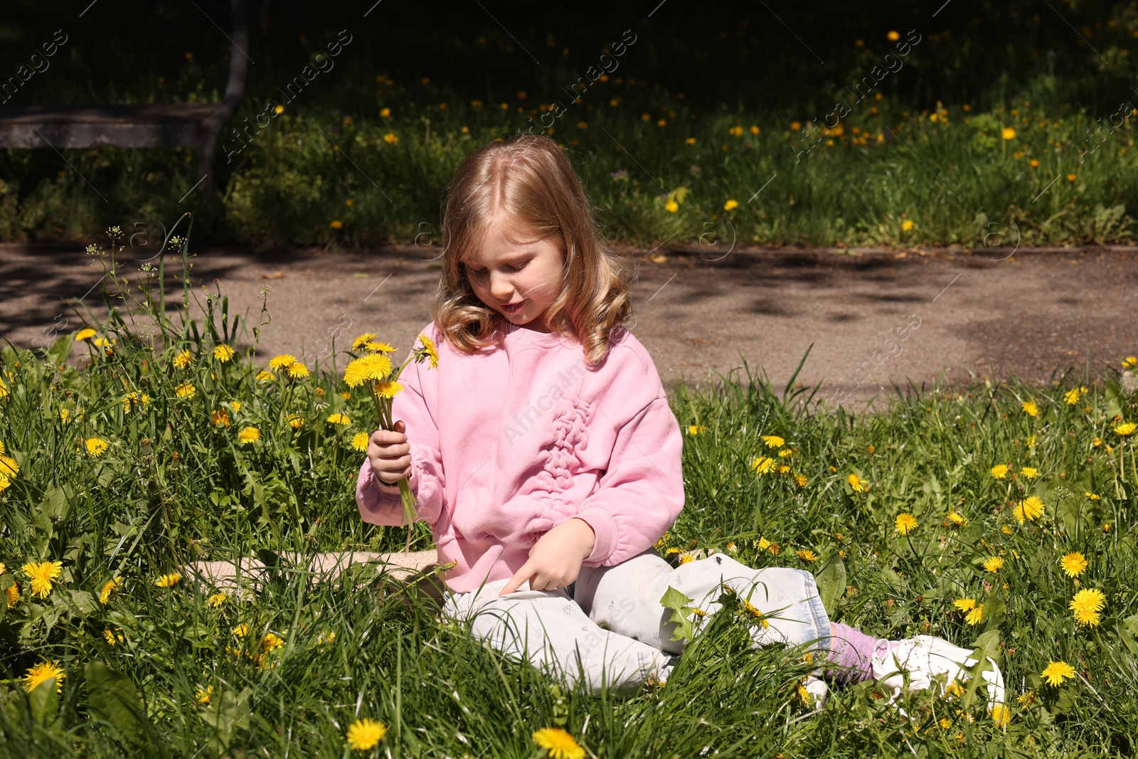 Cute little girl with beautiful dandelions outdoors on sunny day Photo of Cute little girl with beautiful dandelions outdoors on sunny day