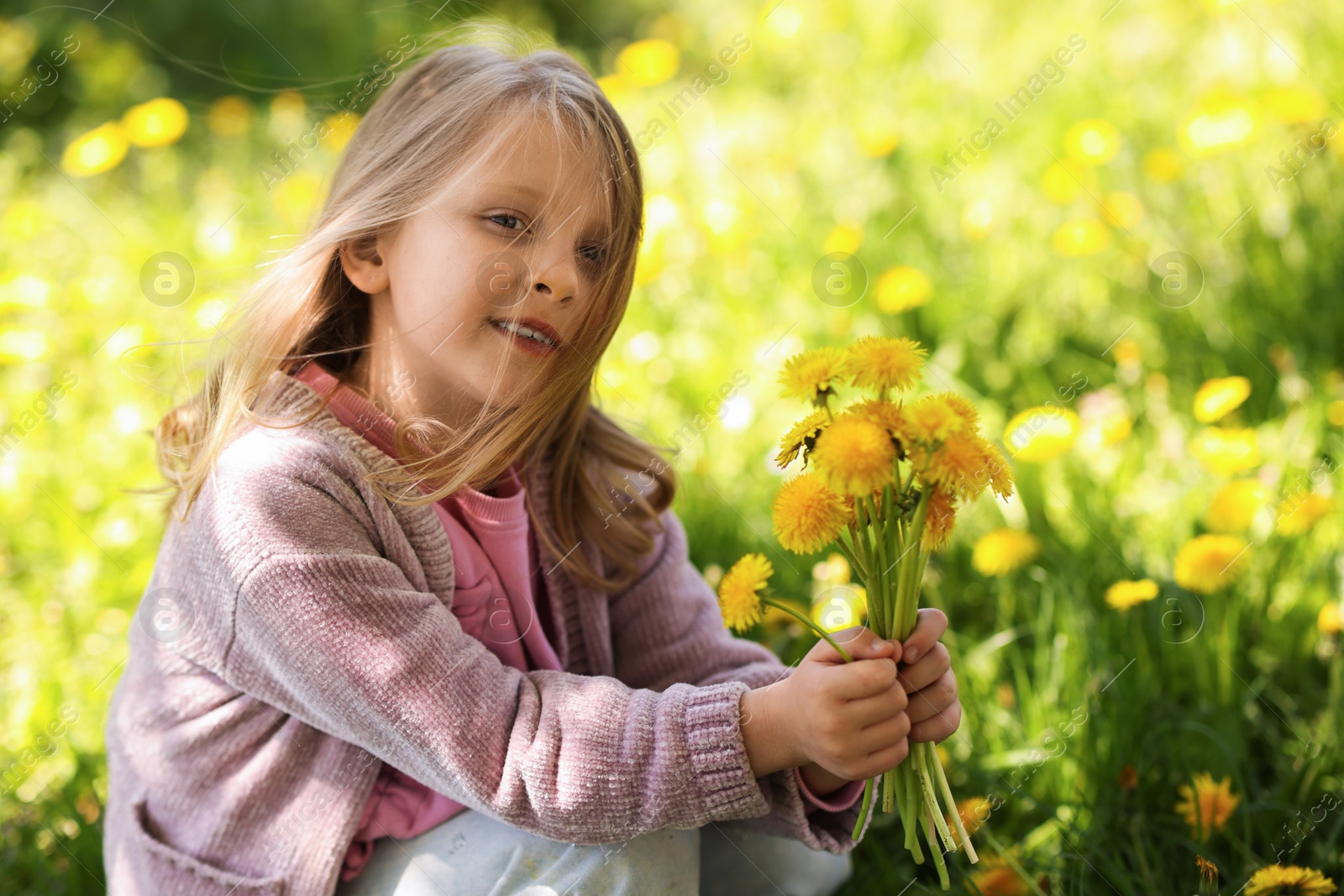 Cute little girl with beautiful dandelions outdoors on sunny day Photo of Cute little girl with beautiful dandelions outdoors on sunny day