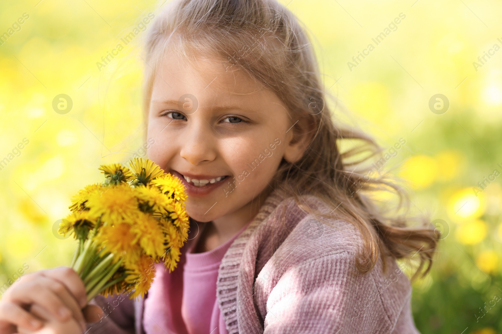 Cute little girl with beautiful dandelions outdoors on sunny day Photo of Cute little girl with beautiful dandelions outdoors on sunny day
