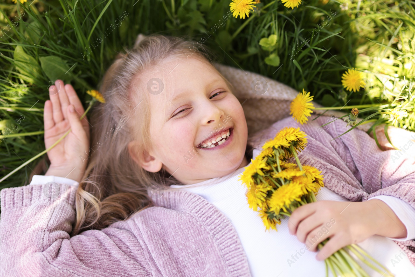 Cute little girl with beautiful dandelions on green grass outdoors, top view Photo of Cute little girl with beautiful dandelions on green grass outdoors, top view