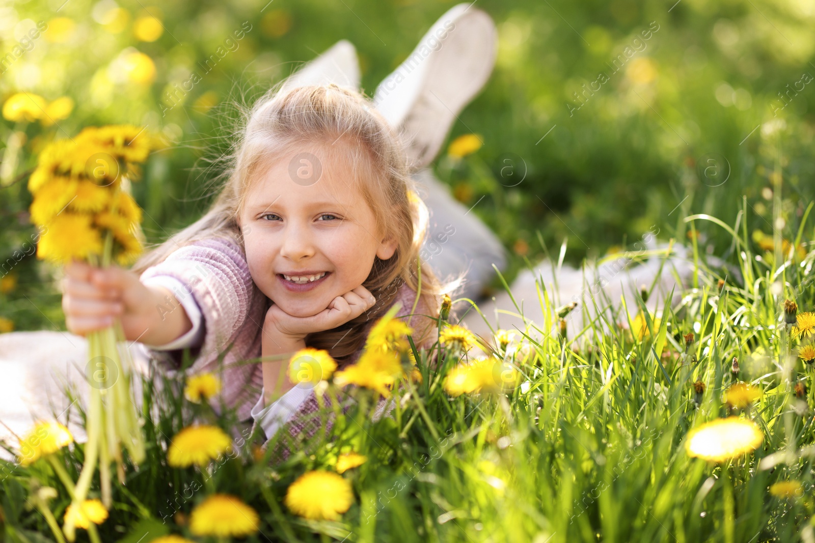 Cute little girl with beautiful dandelions on green grass outdoors, space for text Photo of Cute little girl with beautiful dandelions on green grass outdoors, space for text