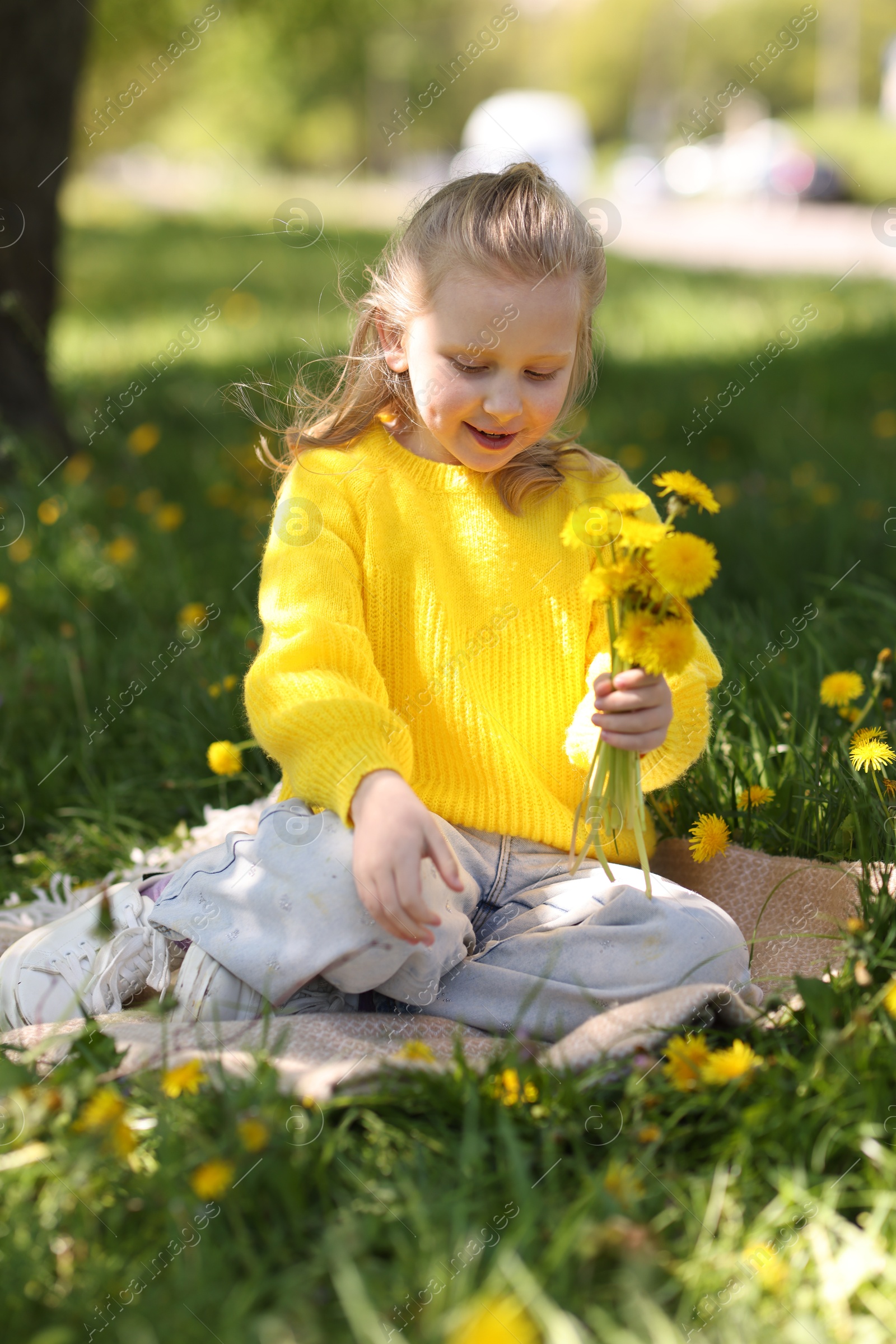 Cute little girl with beautiful dandelions on green grass outdoors Photo of Cute little girl with beautiful dandelions on green grass outdoors