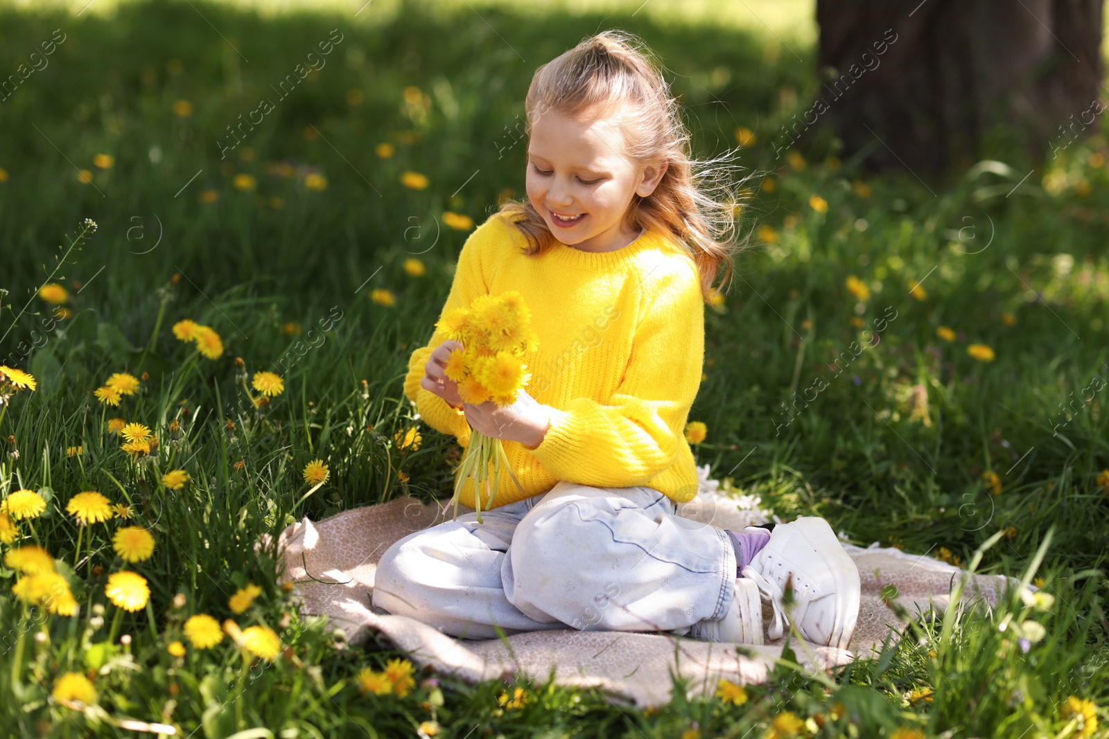 Cute little girl picking beautiful dandelions in park Photo of Cute little girl picking beautiful dandelions in park