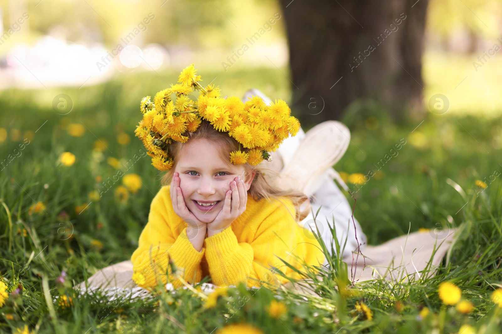 Cute little girl wearing wreath of dandelions on green grass in park Photo of Cute little girl wearing wreath of dandelions on green grass in park