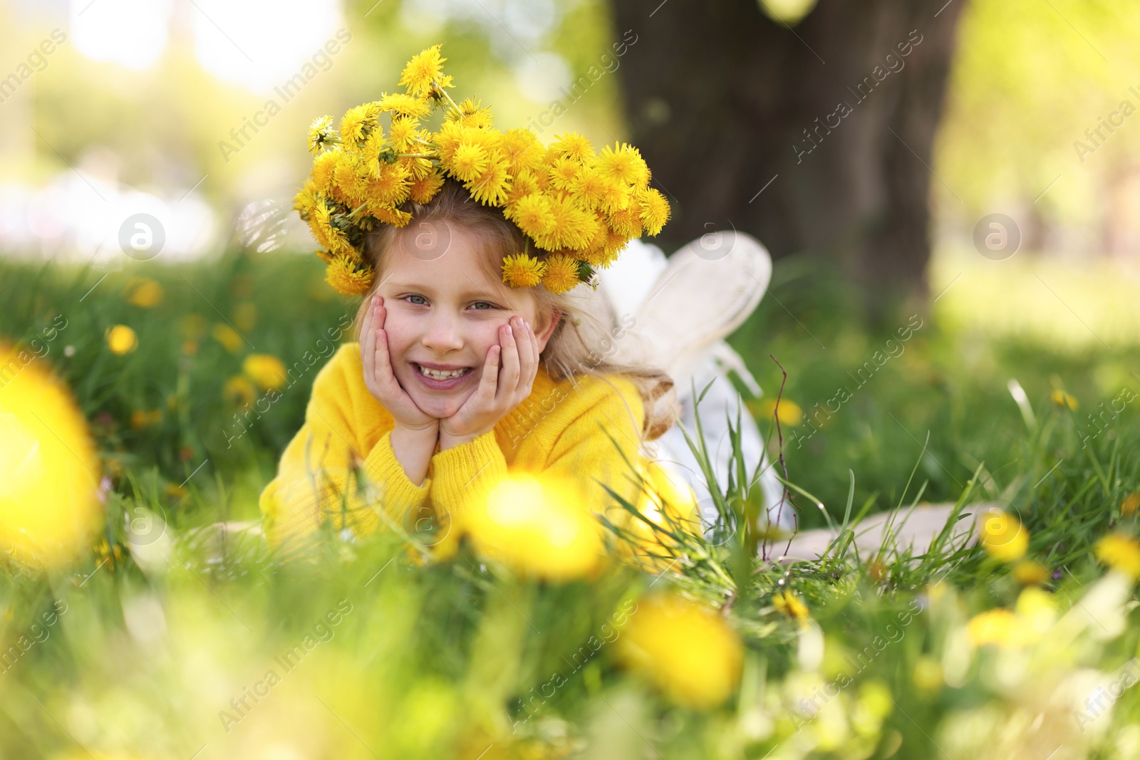 Cute little girl wearing wreath of dandelions on green grass in park Photo of Cute little girl wearing wreath of dandelions on green grass in park