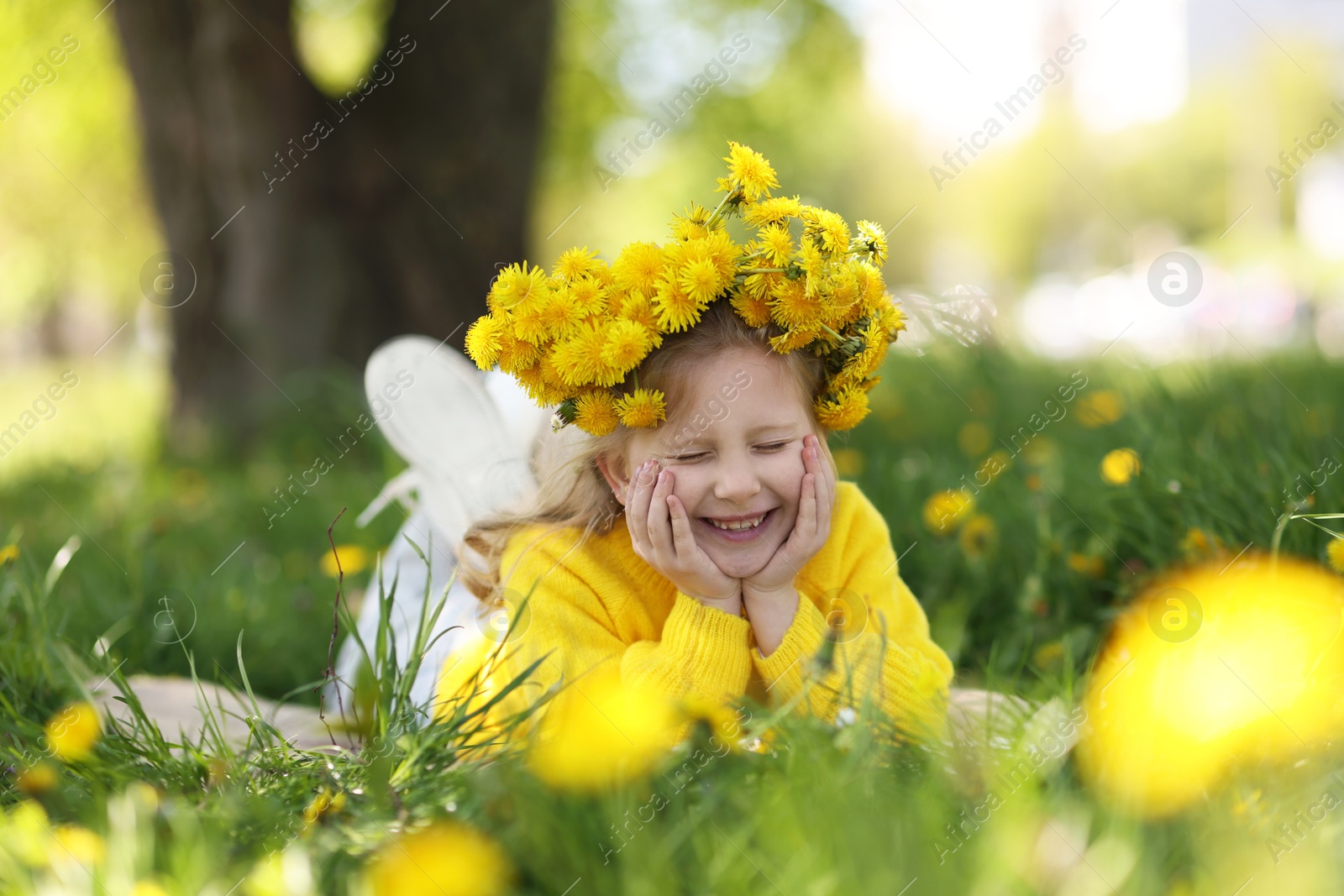 Cute little girl wearing wreath of dandelions on green grass in park Photo of Cute little girl wearing wreath of dandelions on green grass in park