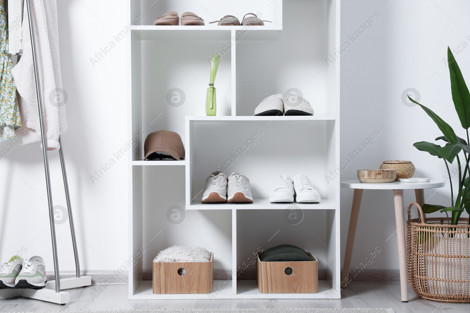 Shelving unit with different footwear, accessories, clothes and houseplant indoors. Shoe storage Photo of Shelving unit with different footwear, accessories, clothes and houseplant indoors. Shoe storage
