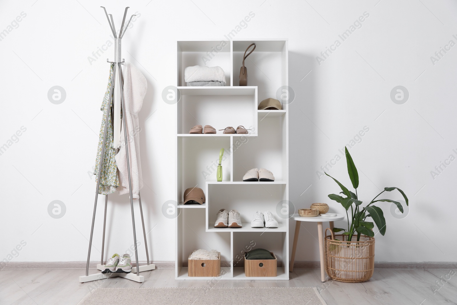 Shelving unit with different footwear, accessories, clothes and houseplant indoors. Shoe storage Photo of Shelving unit with different footwear, accessories, clothes and houseplant indoors. Shoe storage