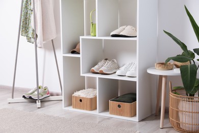 Photo of Shelving unit with different footwear, accessories, clothes and houseplant indoors. Shoe storage