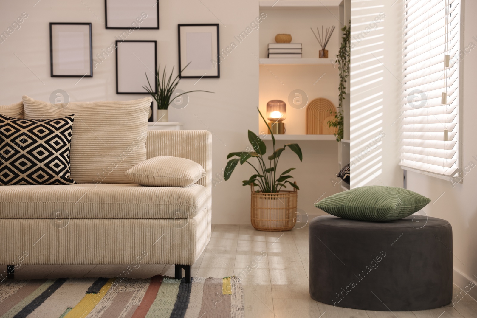 Comfortable sofa with cushions in room. Interior design Photo of Comfortable sofa with cushions in room. Interior design
