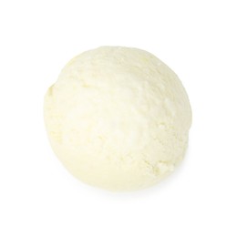 Photo of One scoop of delicious ice cream on white background, top view