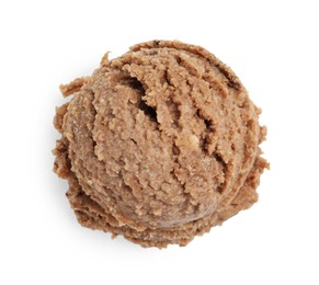 Photo of One scoop of delicious ice cream on white background, top view