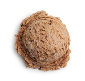 Photo of One scoop of delicious ice cream on white background, top view