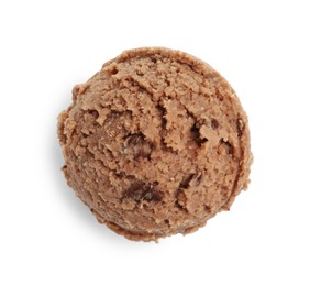 Photo of One scoop of delicious ice cream on white background, top view
