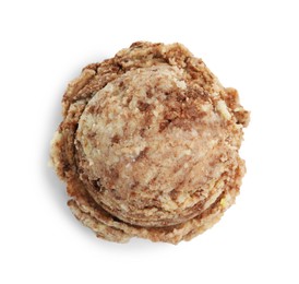 Photo of One scoop of delicious ice cream on white background, top view