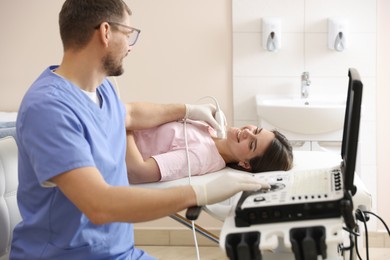 Photo of Sonographer conducting ultrasound examination of woman's thyroid gland in clinic