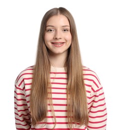 Photo of Portrait of teenage girl on white background