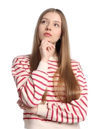 Photo of Portrait of pensive teenage girl on white background