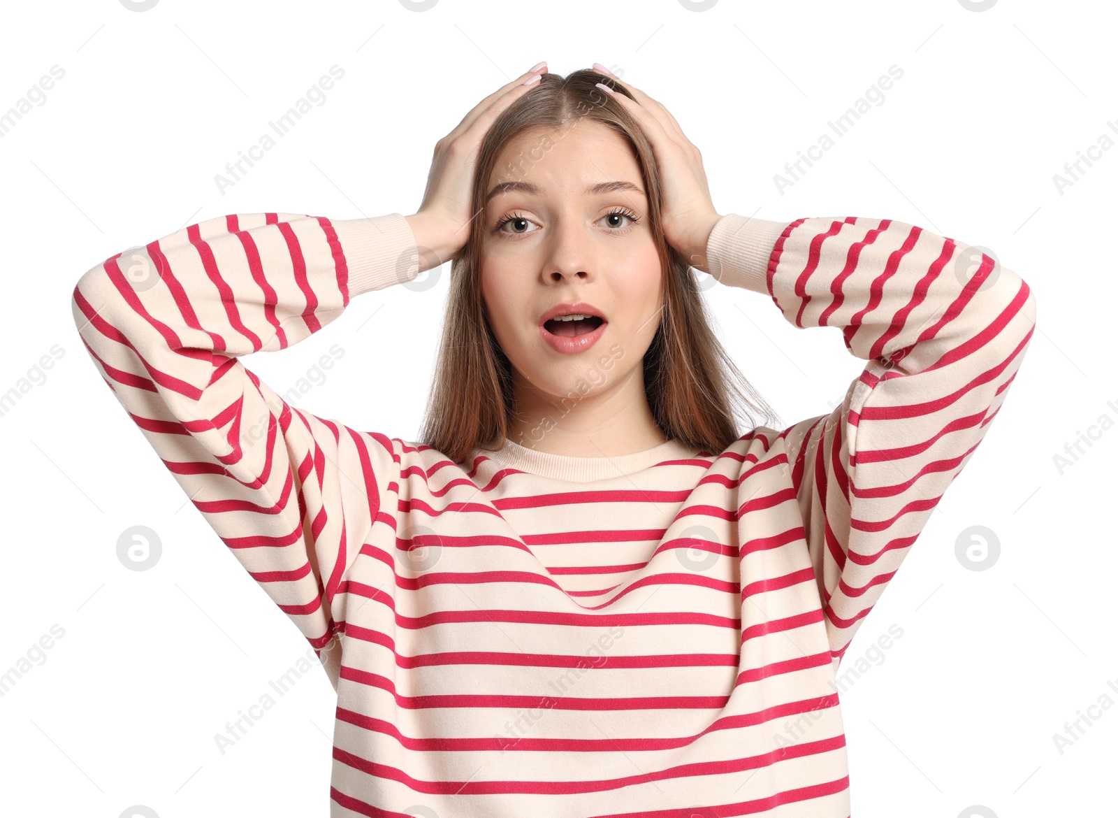 Portrait of emotional teenage girl on white background Photo of Portrait of emotional teenage girl on white background