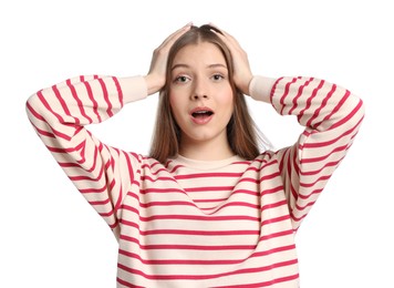 Photo of Portrait of emotional teenage girl on white background