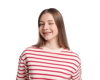 Photo of Portrait of teenage girl on white background