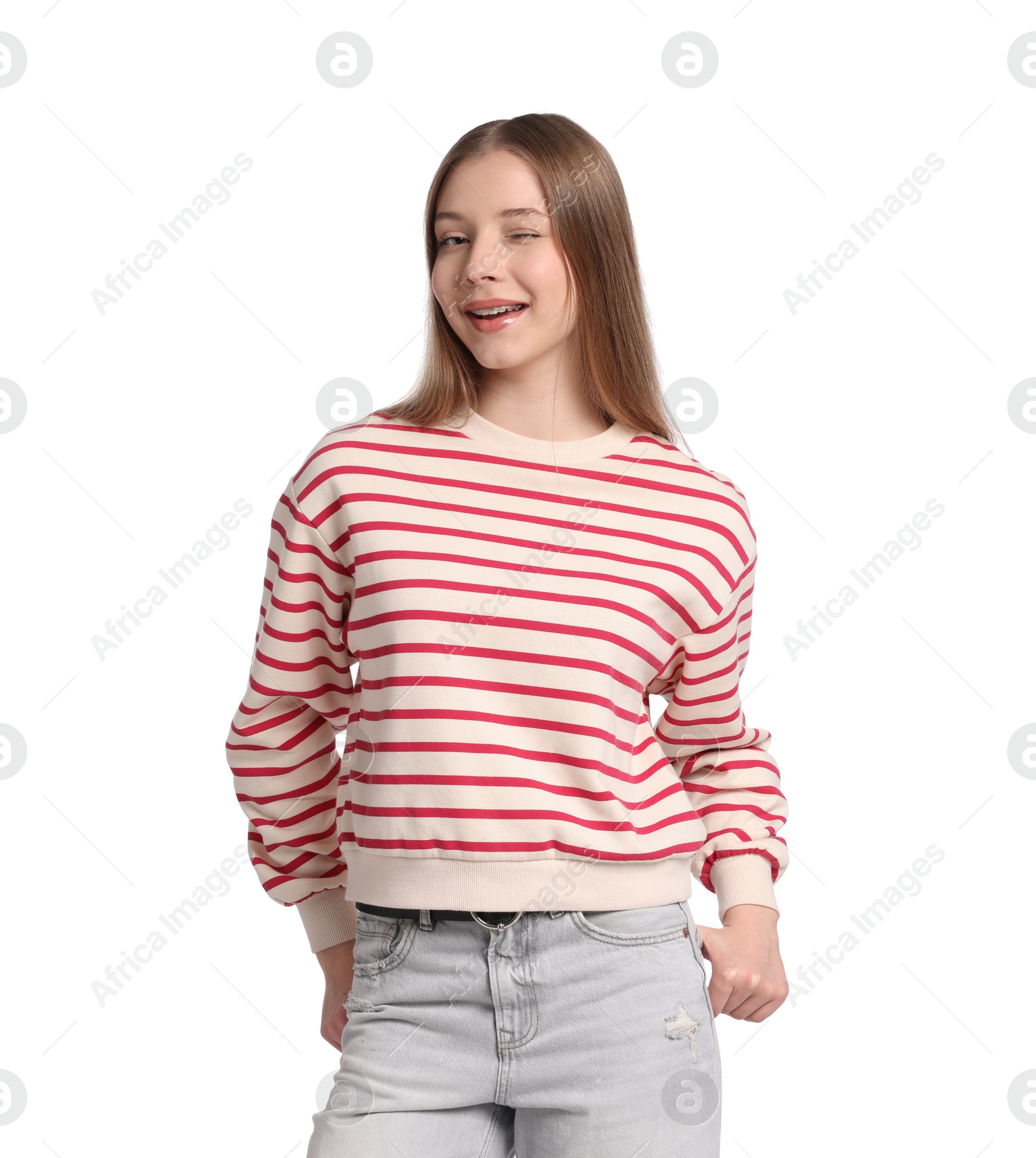 Portrait of teenage girl on white background Photo of Portrait of teenage girl on white background