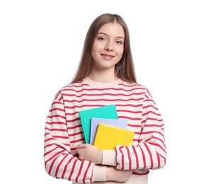 Photo of Teenage girl with notebooks on white background
