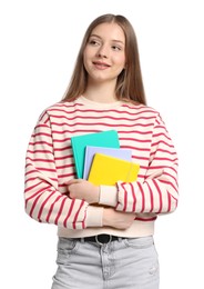 Photo of Teenage girl with notebooks on white background