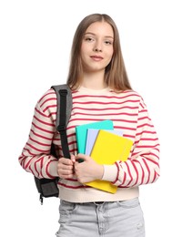 Photo of Teenage girl with notebooks and backpack on white background