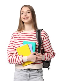 Photo of Teenage girl with notebooks and backpack on white background