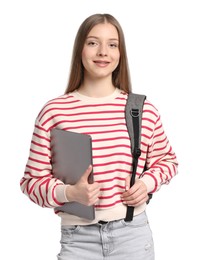 Photo of Teenage girl with laptop and backpack on white background