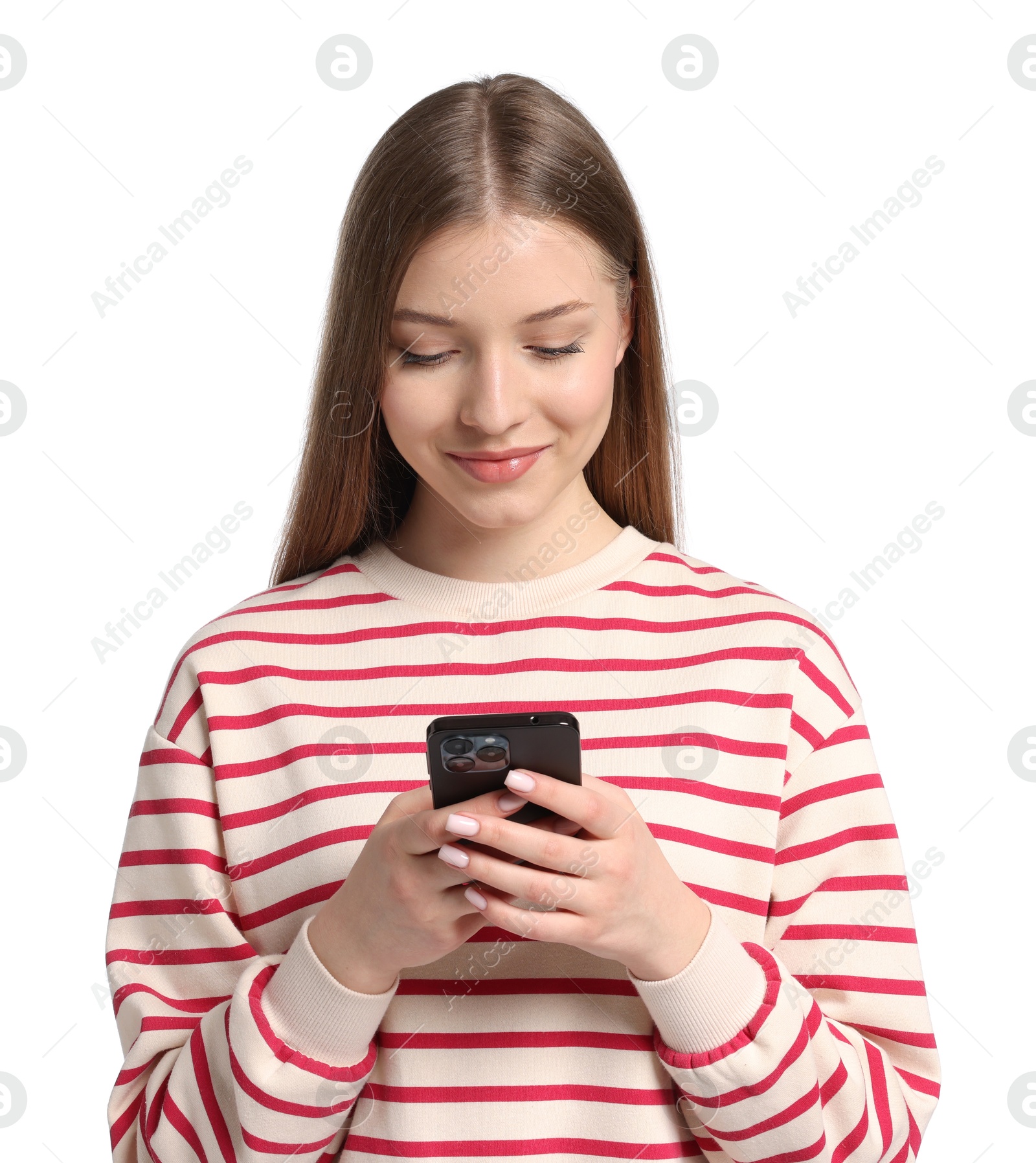 Teenage girl with smartphone on white background Photo of Teenage girl with smartphone on white background