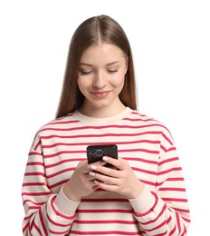 Photo of Teenage girl with smartphone on white background