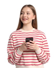 Photo of Teenage girl with smartphone on white background