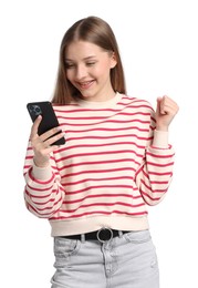 Photo of Excited teenage girl with smartphone on white background