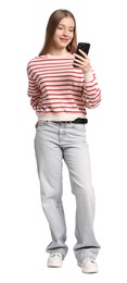 Photo of Teenage girl with smartphone on white background