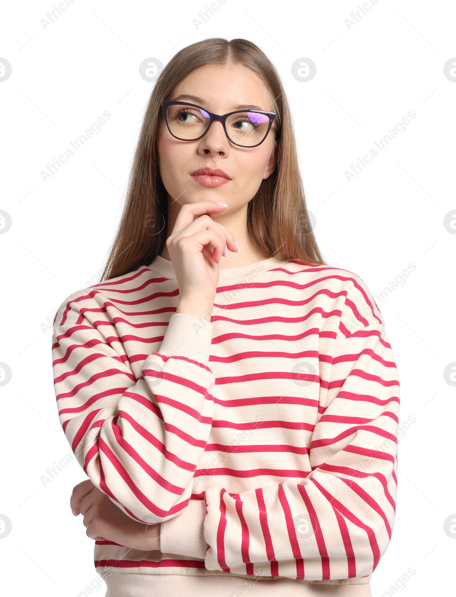 Portrait of pensive teenage girl on white background Photo of Portrait of pensive teenage girl on white background