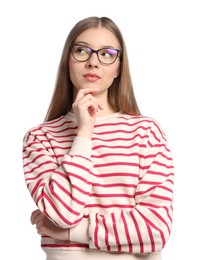 Photo of Portrait of pensive teenage girl on white background