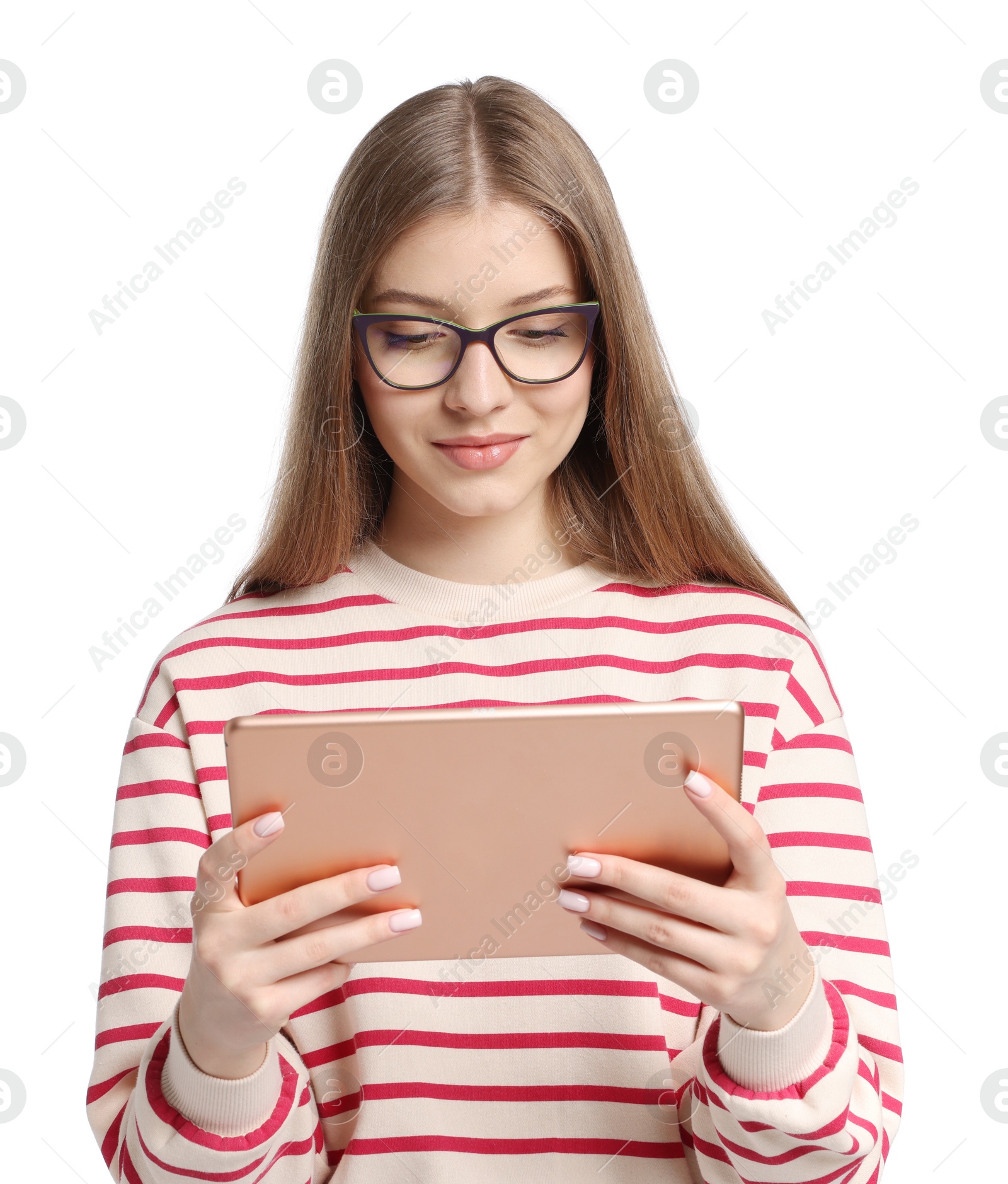 Teenage girl with tablet on white background Photo of Teenage girl with tablet on white background