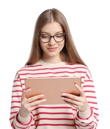 Photo of Teenage girl with tablet on white background